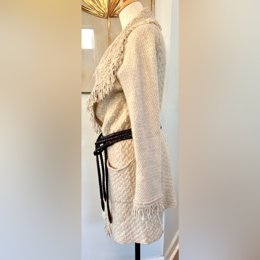 Cream Wool-Blend Fringe Cardigan | Boho Open Front Coatigan - Picture 4 of 13